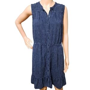 Wmns Navy Blue Striped Button Front Dress M Sleeveless Linen Beach Coastal Chic